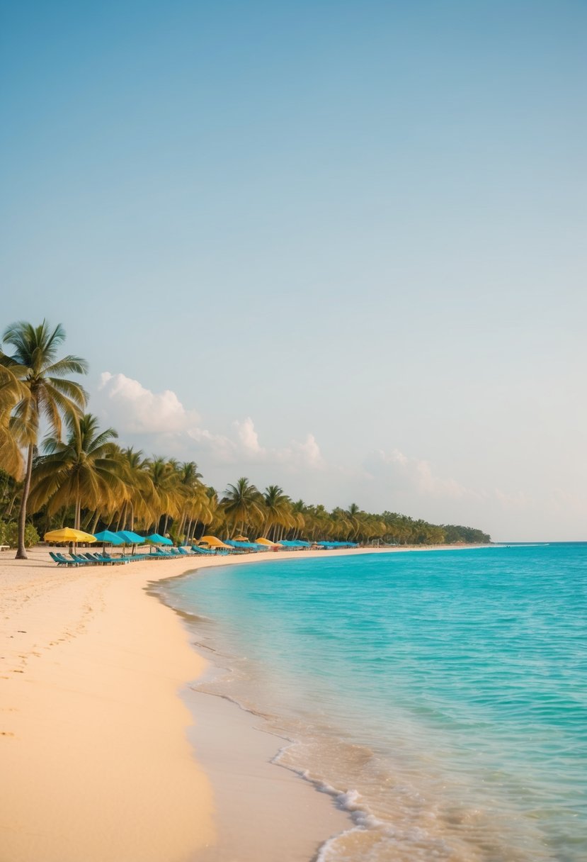 A serene, palm-lined beach with crystal-clear turquoise waters and golden sand stretching into the distance. A few colorful umbrellas dot the shoreline, adding a pop of color to the tranquil scene