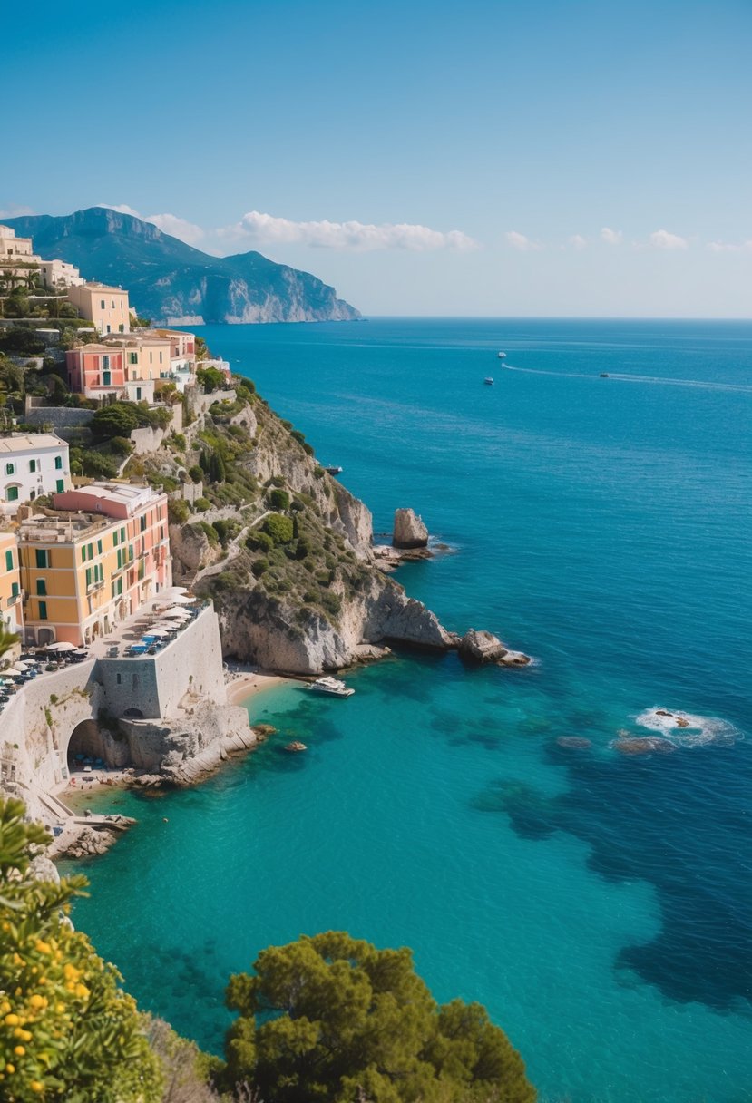 A scenic view of Capri's crystal-clear turquoise waters, with colorful buildings perched on the cliffs and lush greenery dotting the landscape