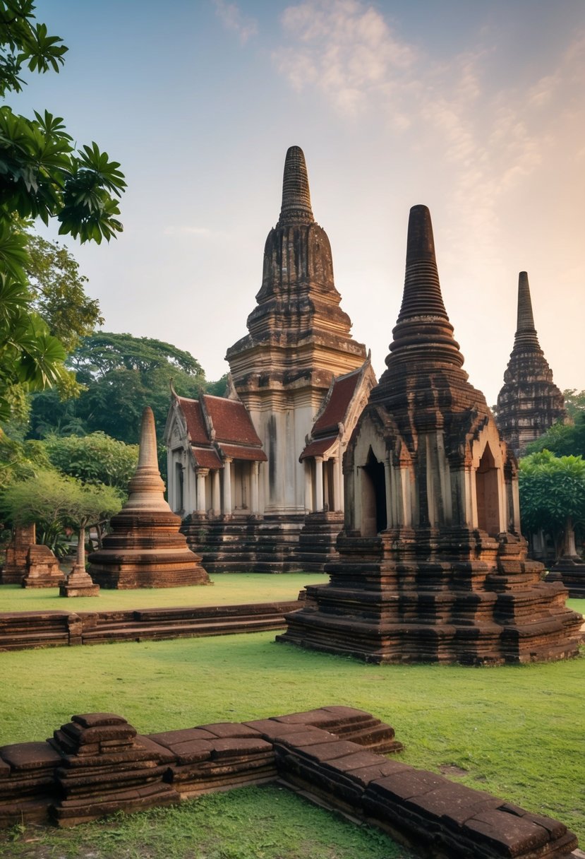 Ancient ruins of temples and pagodas surrounded by lush greenery in Ayutthaya's Historical Park, with a serene and romantic ambiance