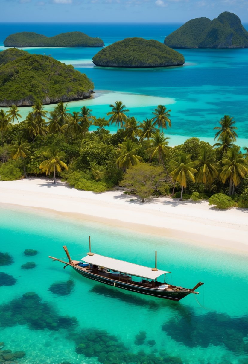 Crystal clear waters surround lush green islands with white sandy beaches, palm trees, and colorful coral reefs. A traditional long-tail boat is anchored near the shore