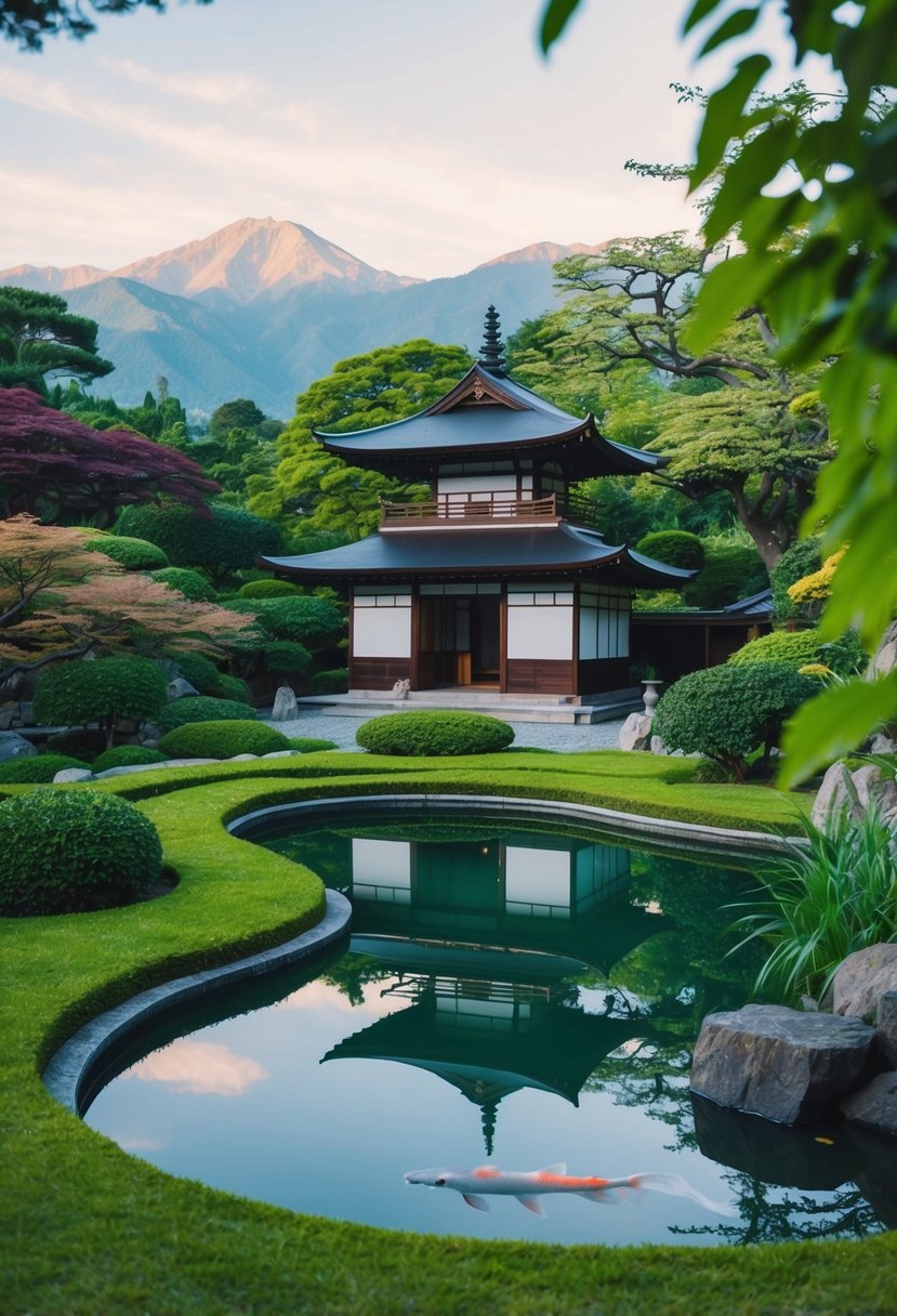 A serene garden with a traditional Japanese teahouse nestled among lush greenery, with a tranquil koi pond and a backdrop of picturesque mountains