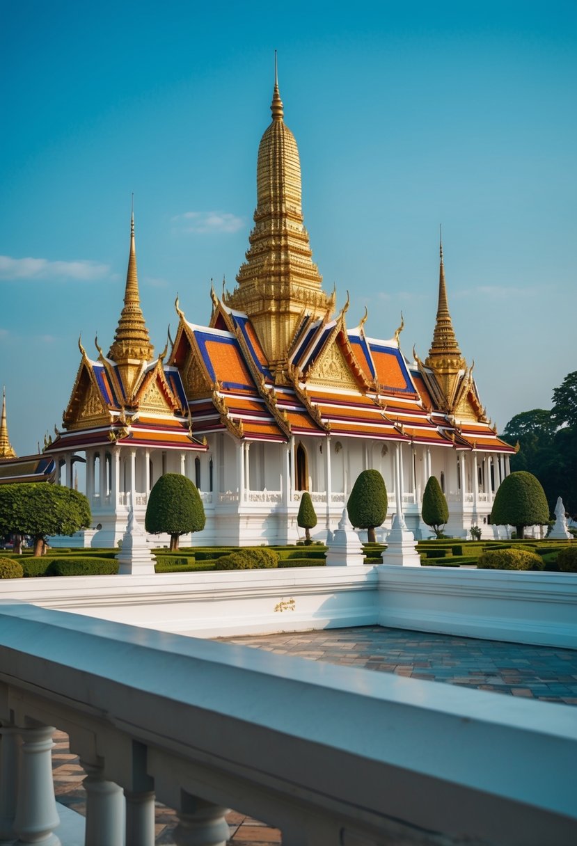 The Grand Palace in Bangkok, Thailand, with ornate architecture and vibrant colors, set against a clear blue sky