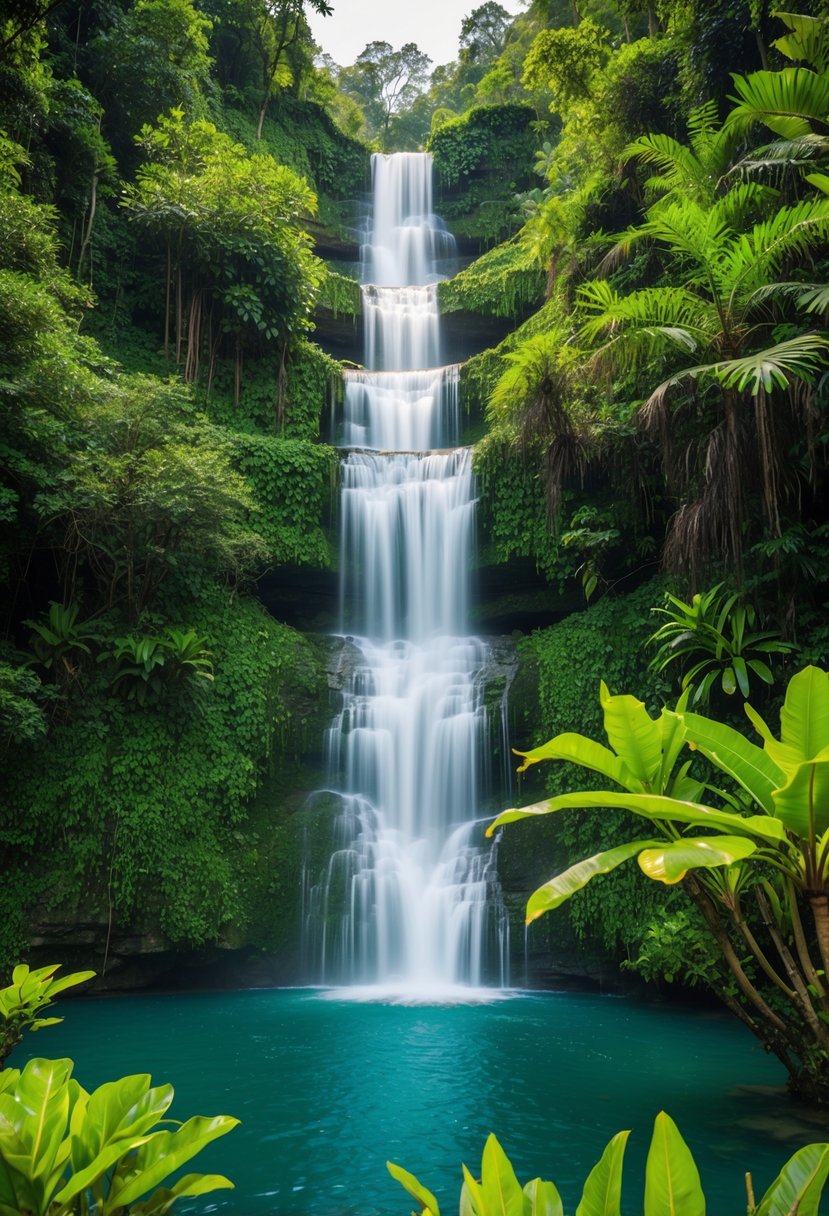 Crystal clear water cascading over seven tiers of lush, tropical foliage at Kanchanaburi's Erawan Falls
