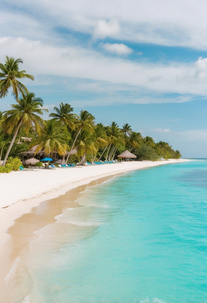 A serene beach in Tulum, Mexico with clear turquoise waters, white sandy beaches, and lush green palm trees lining the shore