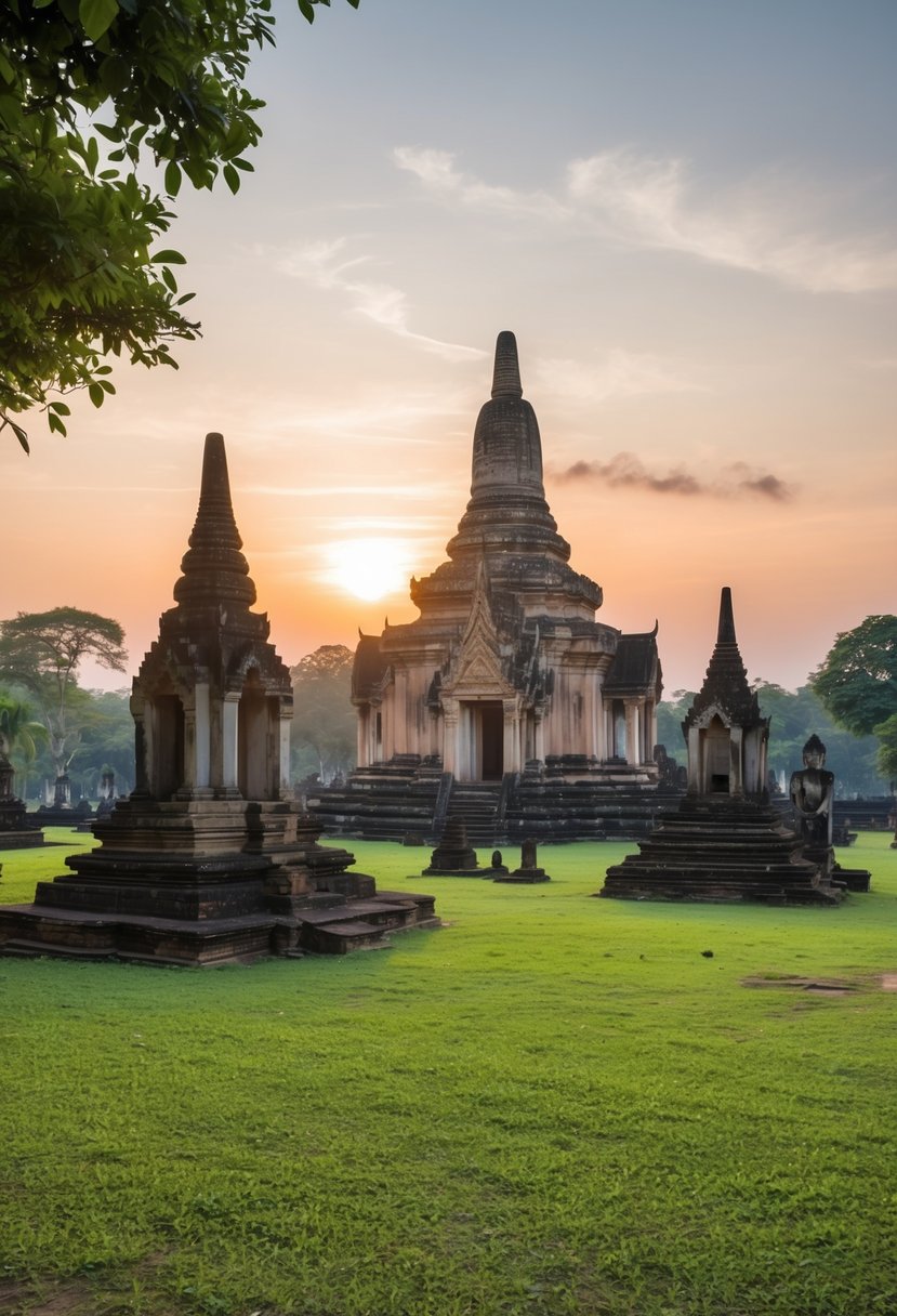 The Sukhothai Historical Park at sunset, with ancient temples and statues surrounded by lush greenery, creating a serene and romantic atmosphere for honeymooners in Thailand