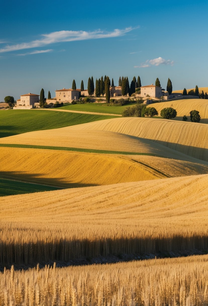 Rolling hills of golden wheat fields under a clear blue sky, dotted with rustic stone villas and cypress trees in the distance