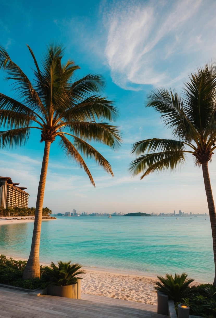 A serene beach with palm trees, crystal-clear water, and a luxurious resort on Sentosa Island in Singapore