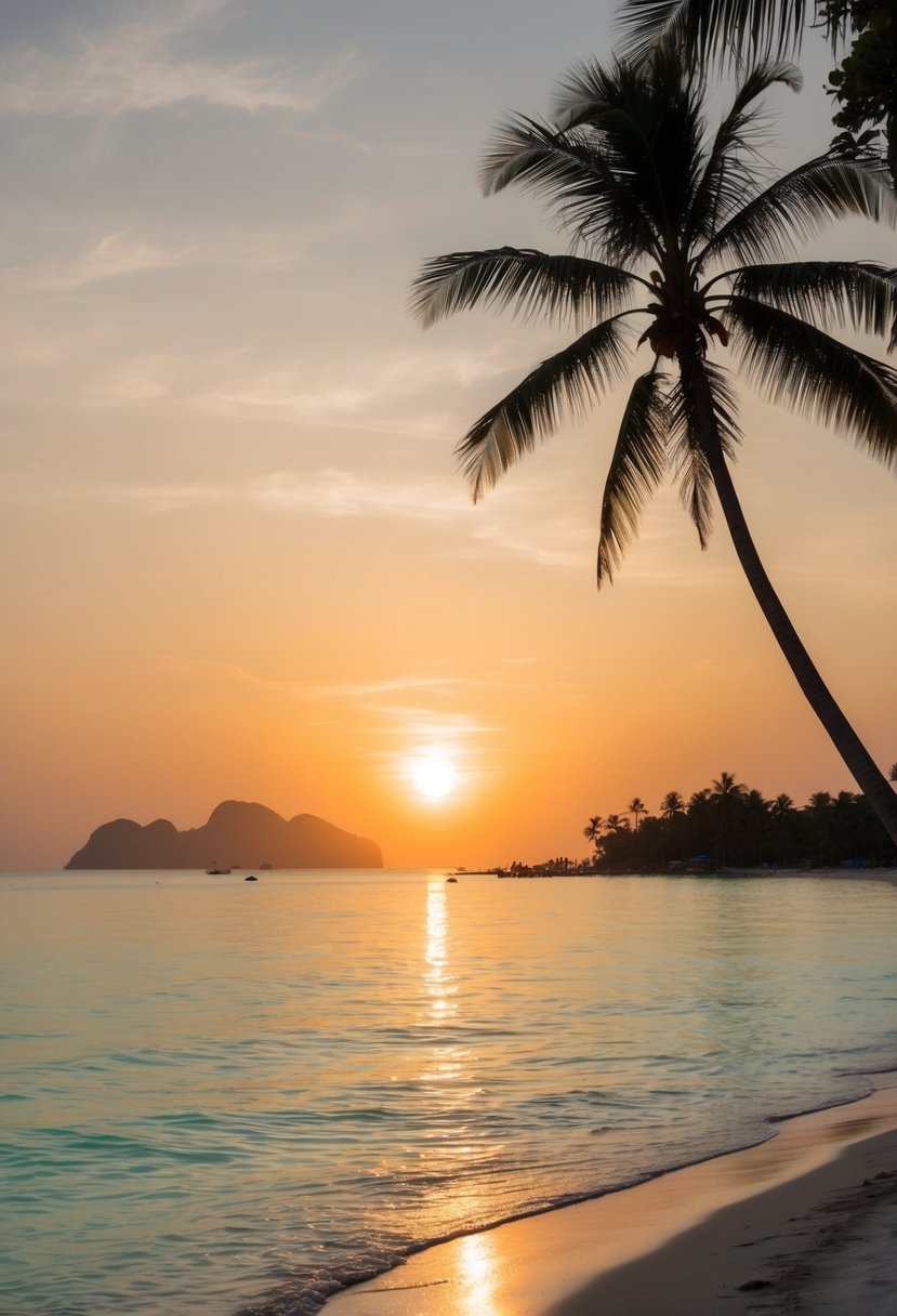 The sun sets over Koh Lipe's Sunset Beach, casting a warm glow on the calm, turquoise waters and the silhouettes of palm trees lining the shore