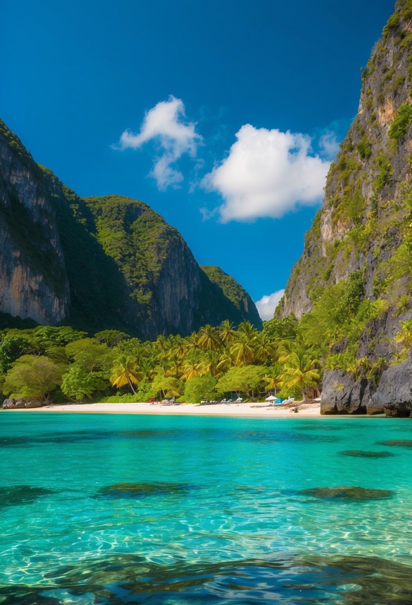 A serene beach with crystal clear waters and lush greenery, nestled against towering cliffs under a vibrant blue sky