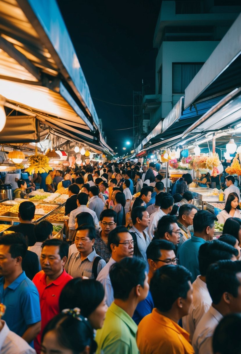 Crowds navigate colorful stalls at Hua Hin's bustling Night Market. Aromas of street food mingle with the sound of live music, creating a vibrant atmosphere