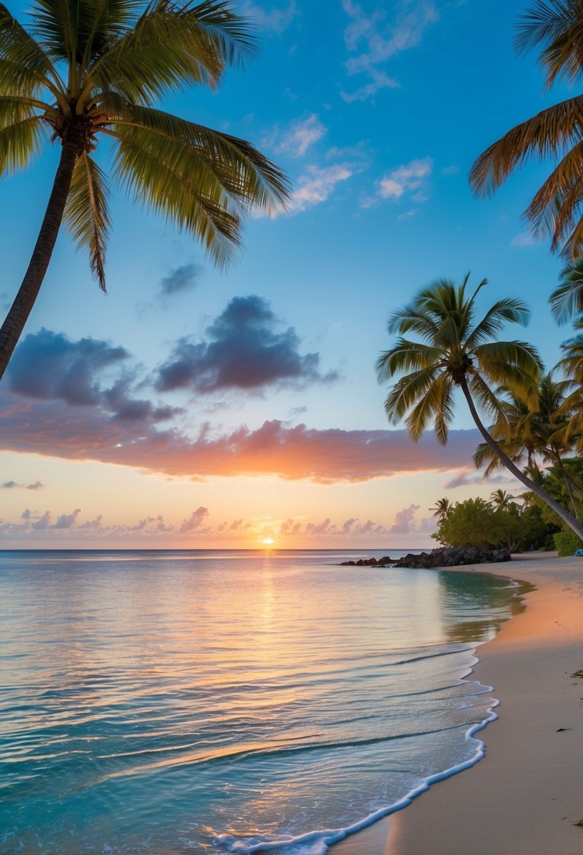 A pristine beach with crystal clear water, palm trees, and a colorful sunset over the horizon in Fiji