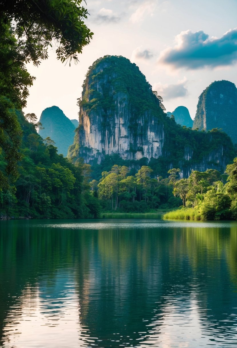 A tranquil lake surrounded by lush, towering limestone cliffs in Khao Sok National Park, Thailand
