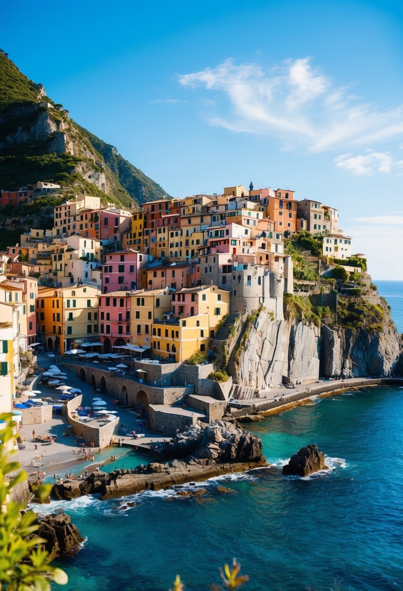 A vibrant coastal village in Cinque Terre, Italy, with colorful buildings perched on cliffs overlooking the sparkling blue sea