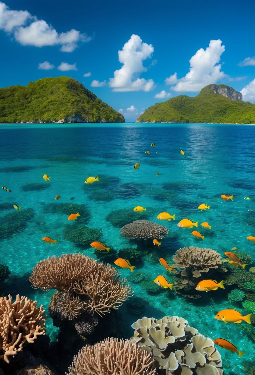 Crystal-clear waters teeming with vibrant coral and tropical fish, surrounded by lush green islands under a bright blue sky