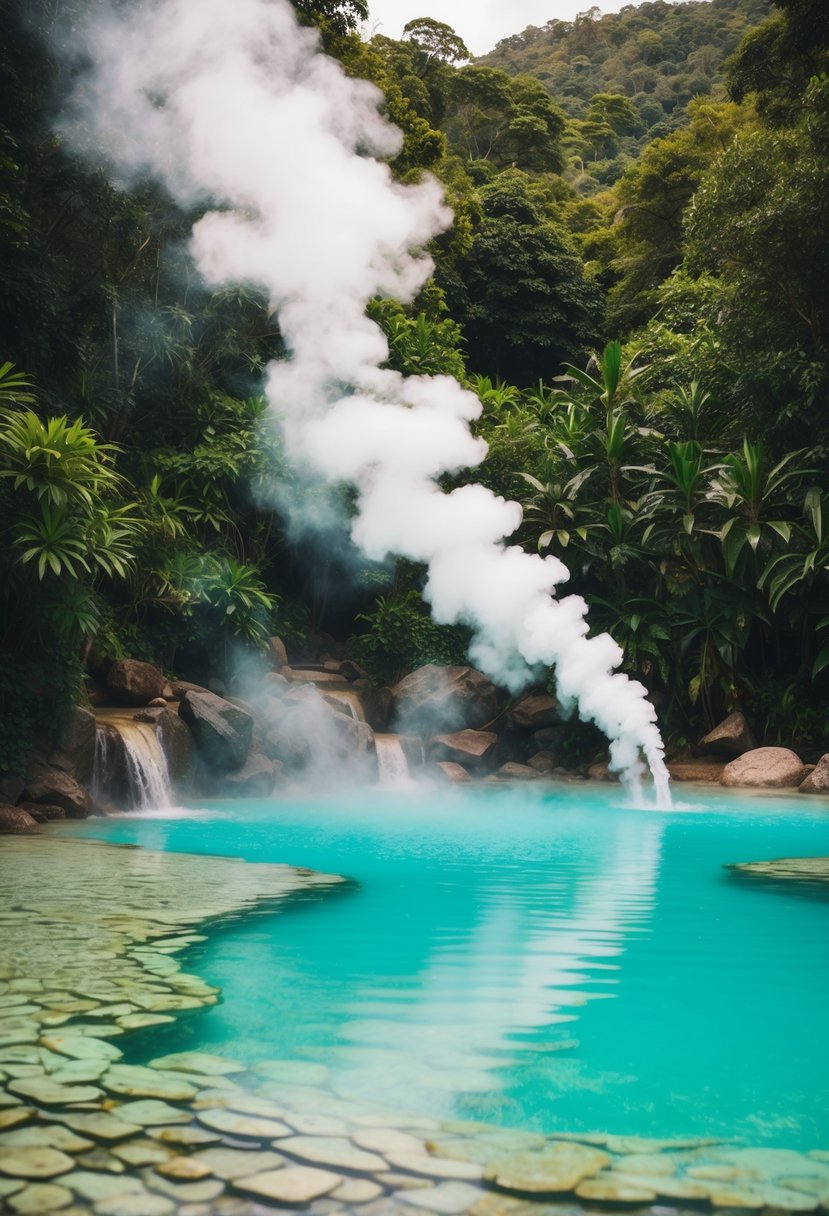 Lush jungle surrounds tranquil hot springs in Thailand. Steam rises from the clear, turquoise water, creating a serene and romantic atmosphere