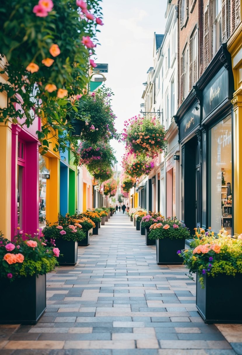 A bustling street lined with luxury shops and colorful storefronts, surrounded by lush greenery and vibrant flowers