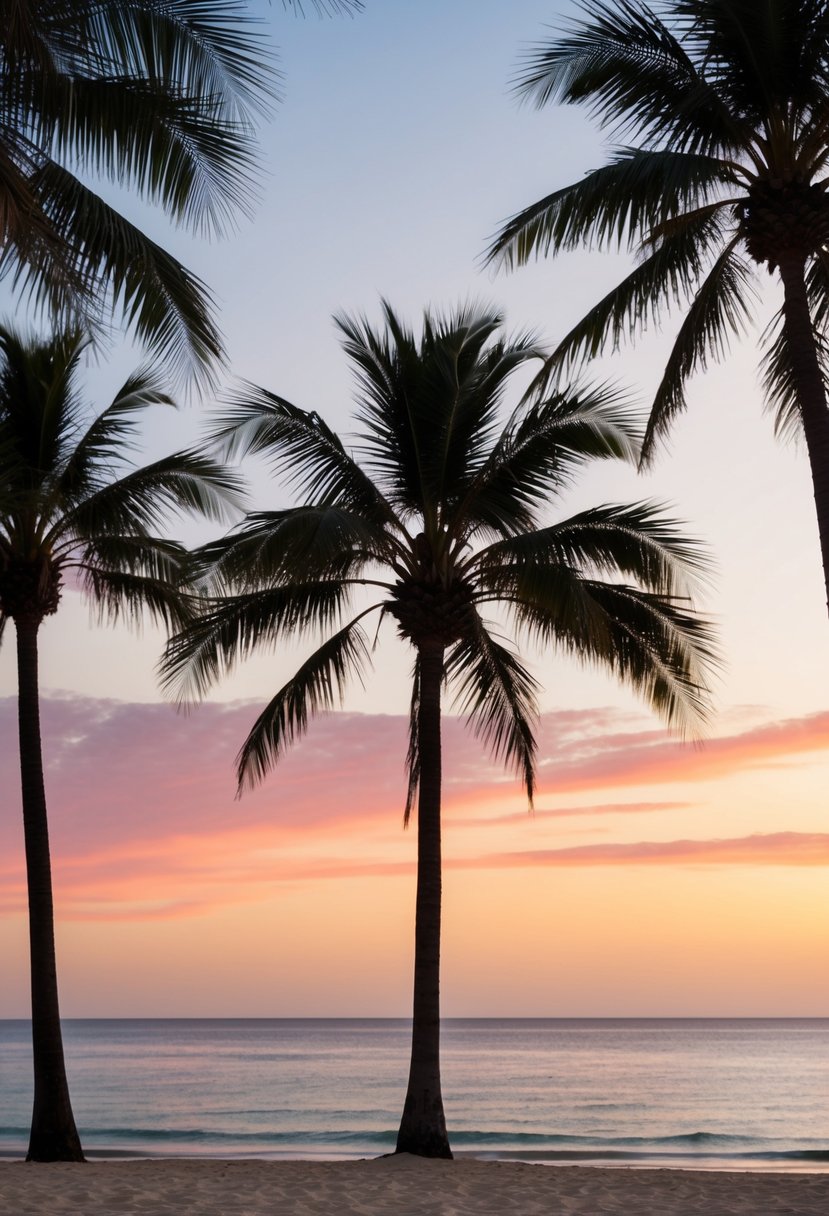 A serene beach at sunset, with palm trees and a calm ocean, could be a picturesque scene for a honeymoon destination in Texas