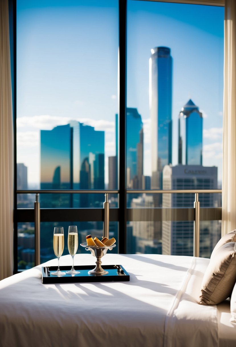 A luxurious suite at The Ritz-Carlton, Dallas with a king-sized bed, champagne on ice, and a breathtaking view of the city skyline from the floor-to-ceiling windows