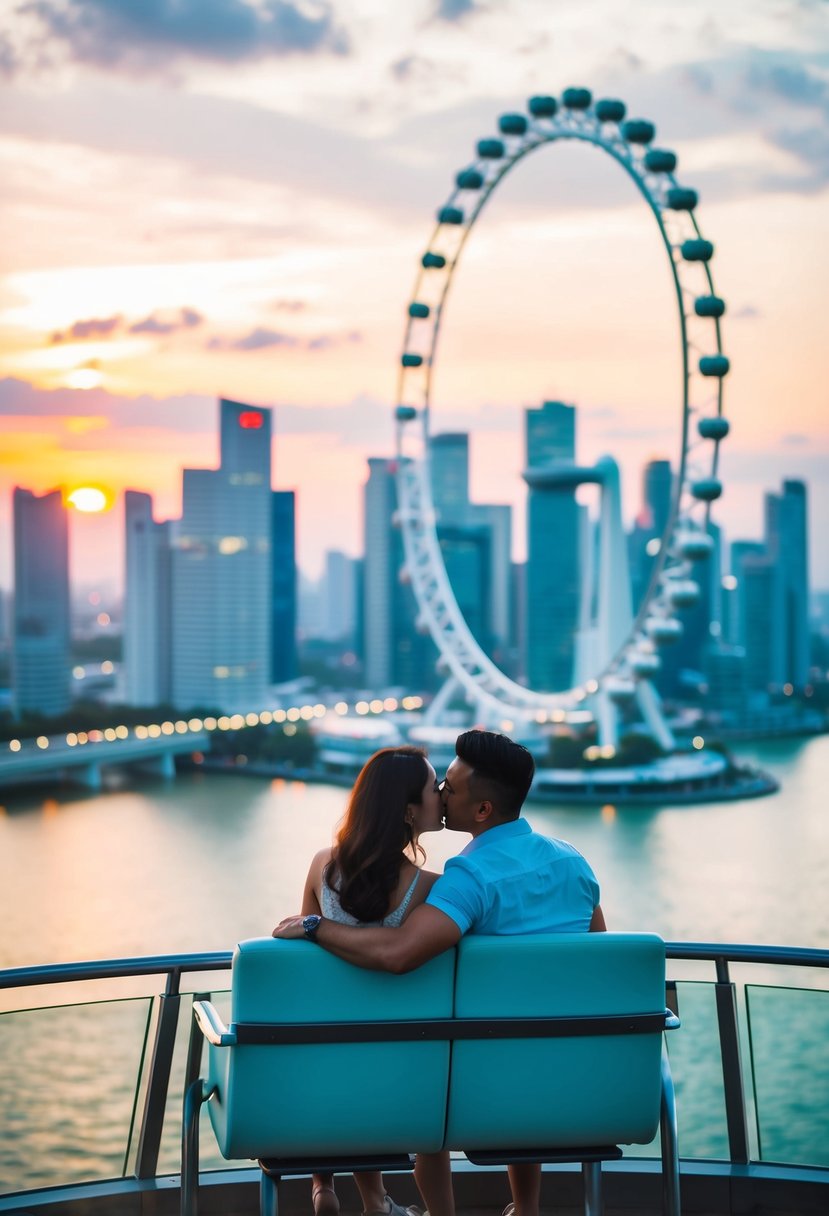 A couple enjoys a romantic ride on the Singapore Flyer, overlooking the city's skyline at sunset