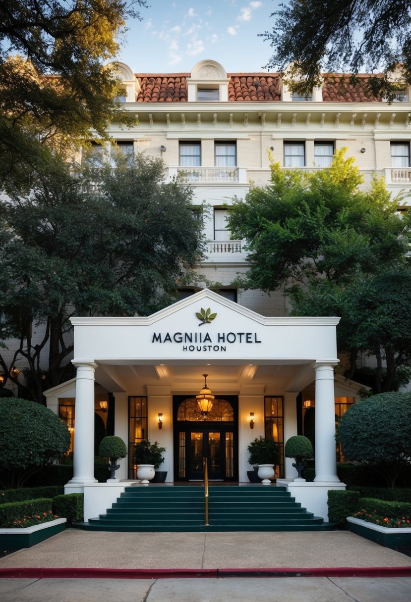 The Magnolia Hotel in Houston, Texas: a romantic honeymoon destination with a grand entrance, elegant architecture, and lush greenery