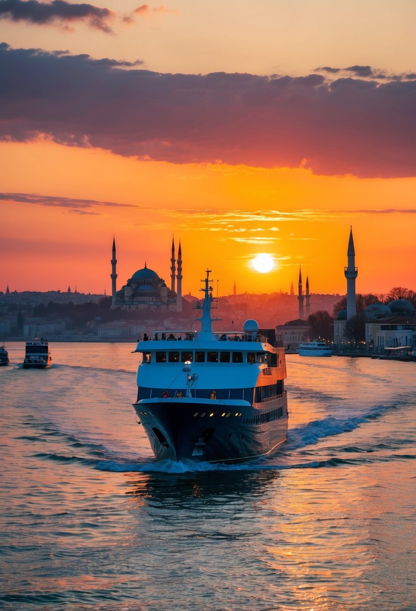 A vibrant sunset over the Bosphorus strait, with a cruise boat sailing past iconic landmarks and the warm glow reflecting on the water