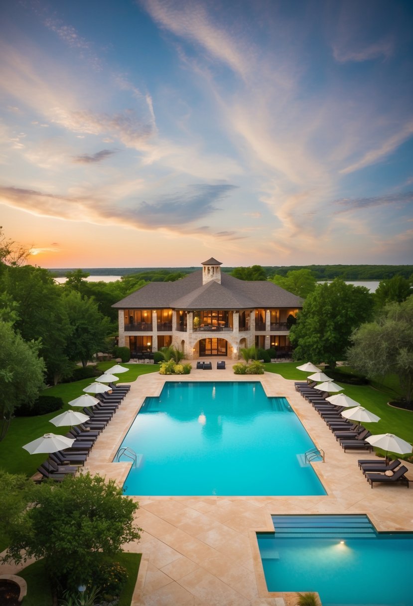 A serene lakeside resort with lush greenery, a sparkling pool, and luxurious spa facilities, perfect for a romantic honeymoon getaway in Texas