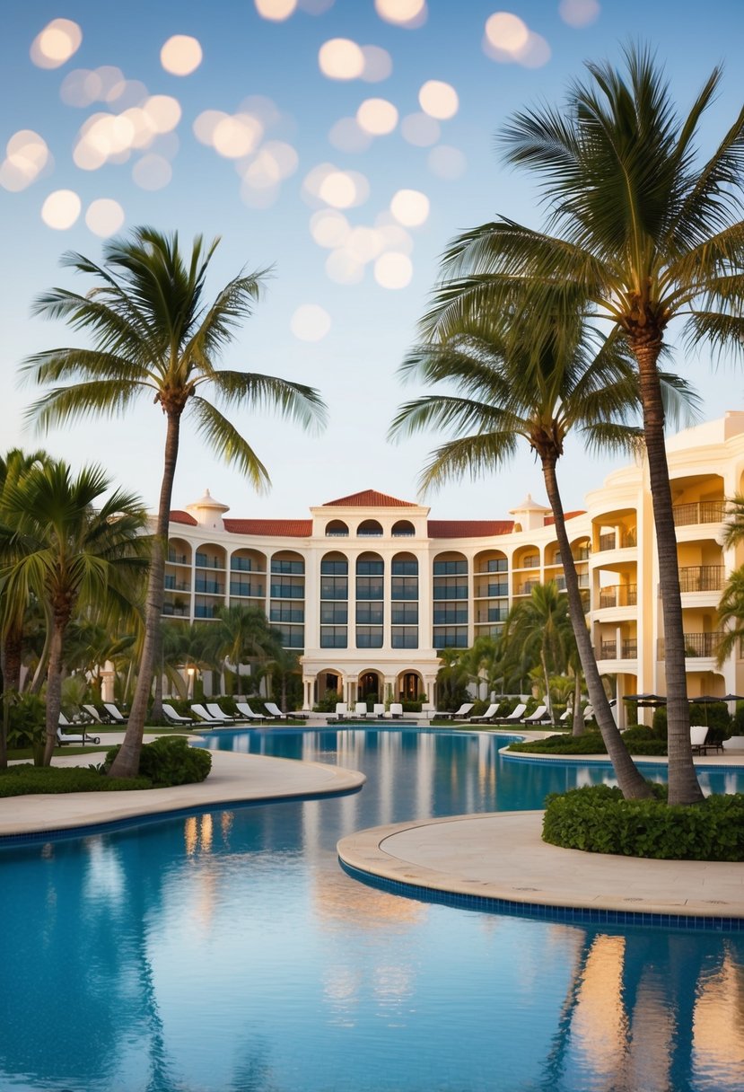 A luxurious beachfront resort with palm trees, pool, and elegant architecture overlooking the Gulf of Mexico