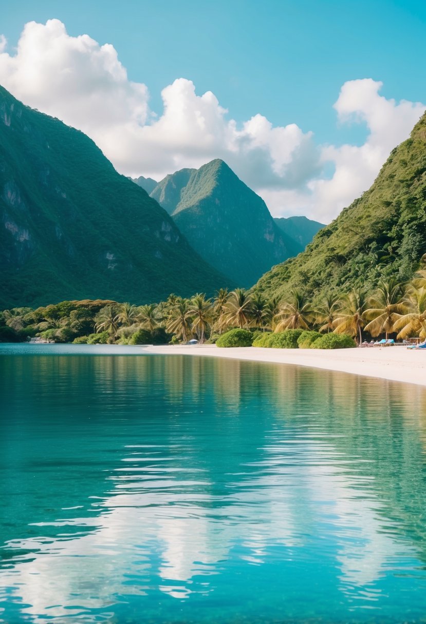 A tranquil lagoon with crystal-clear blue water surrounded by lush green mountains and sandy beaches