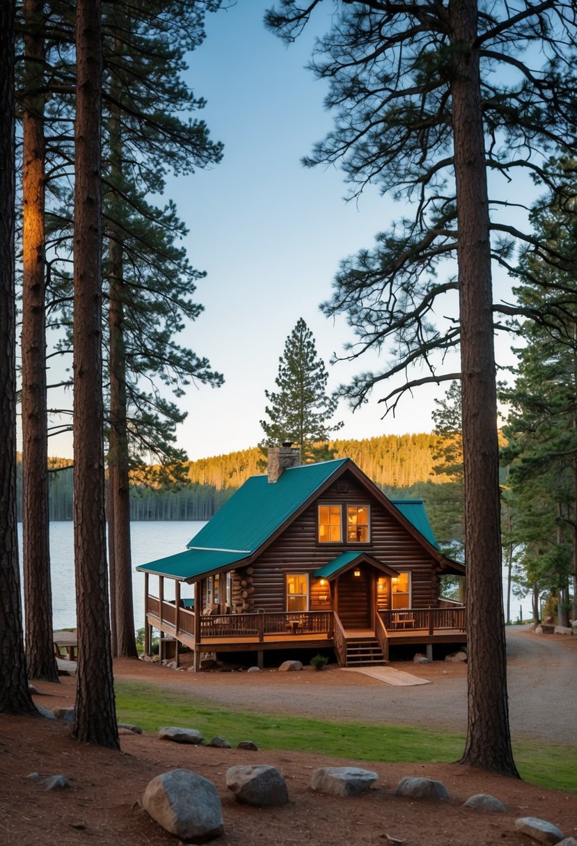 A cozy cabin nestled among tall pine trees at BlissWood Bed and Breakfast Ranch, with a serene lake in the background