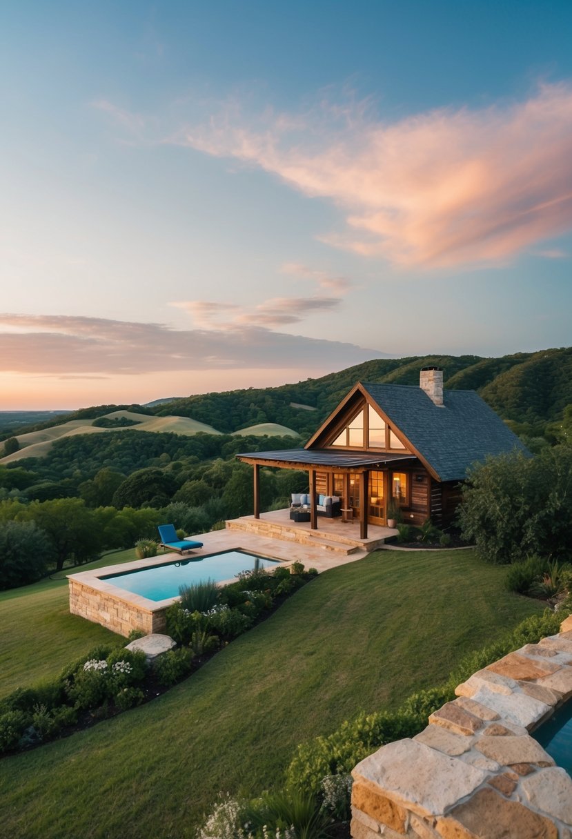 A cozy, secluded cabin nestled in the rolling hills of Texas, surrounded by lush greenery and a serene landscape, with a spa and pool nearby