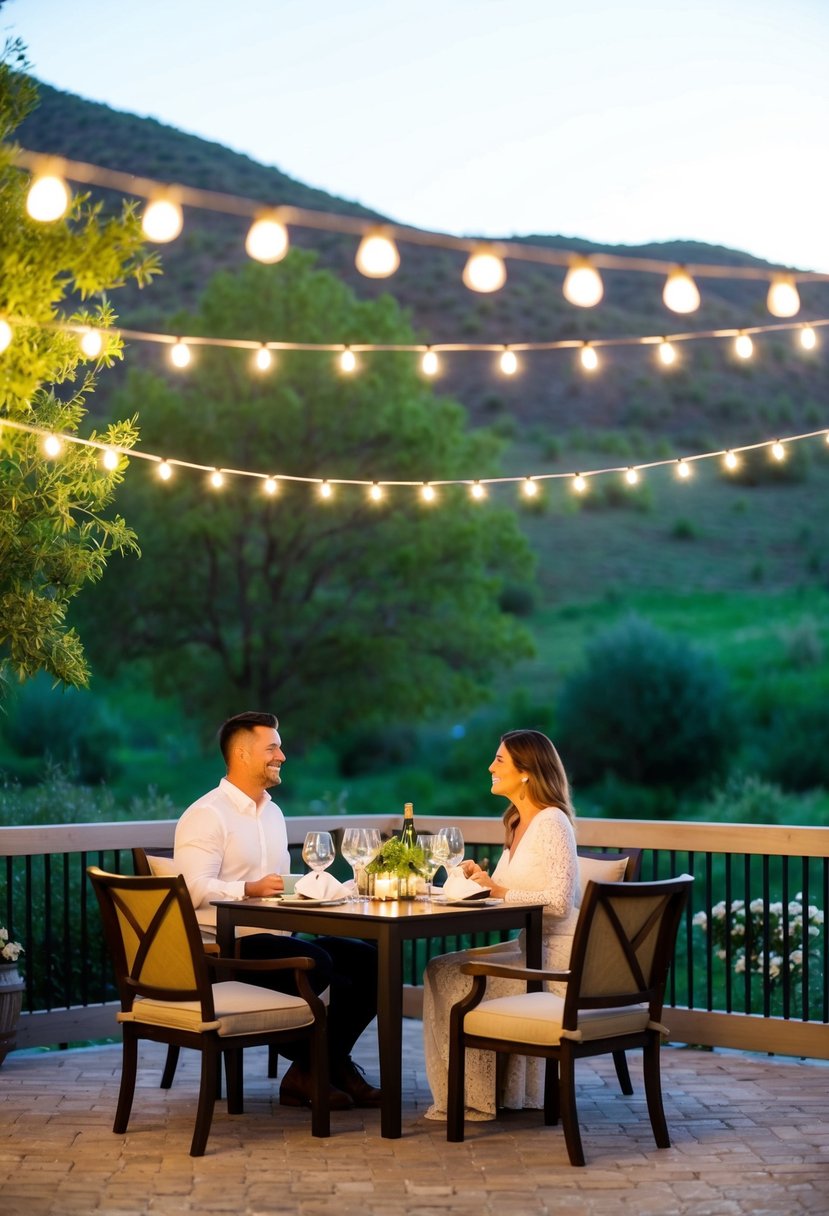 A couple enjoys a private outdoor dinner under twinkling lights at Tapatio Springs Hill Country Resort, surrounded by lush greenery and rolling hills