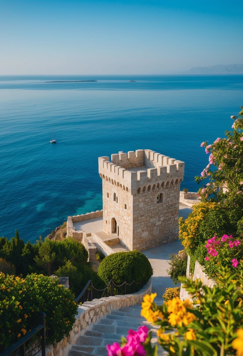 Bodrum Castle overlooks the crystal blue waters of the Aegean Sea, surrounded by lush greenery and vibrant flowers. A serene and romantic destination for a honeymoon in Turkey