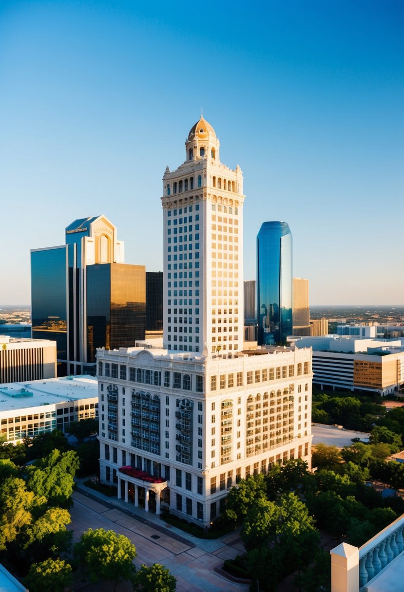 A vibrant cityscape with The Adolphus hotel as the focal point, surrounded by lush greenery and a clear blue sky in Dallas, Texas