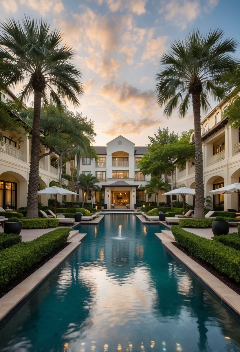 A luxurious spa and hotel nestled in the heart of San Antonio, surrounded by lush greenery and tranquil water features