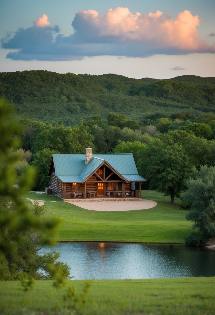 A secluded cabin nestled in the Texas Hill Country, surrounded by lush greenery and overlooking a tranquil lake