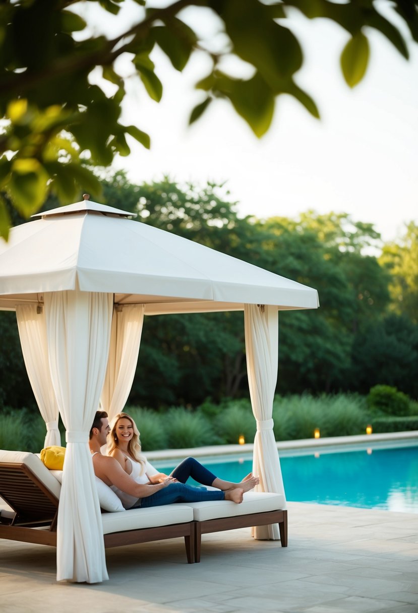 A couple lounges in a private cabana at the Hyatt Regency Hill Country Resort and Spa, surrounded by lush greenery and a serene pool