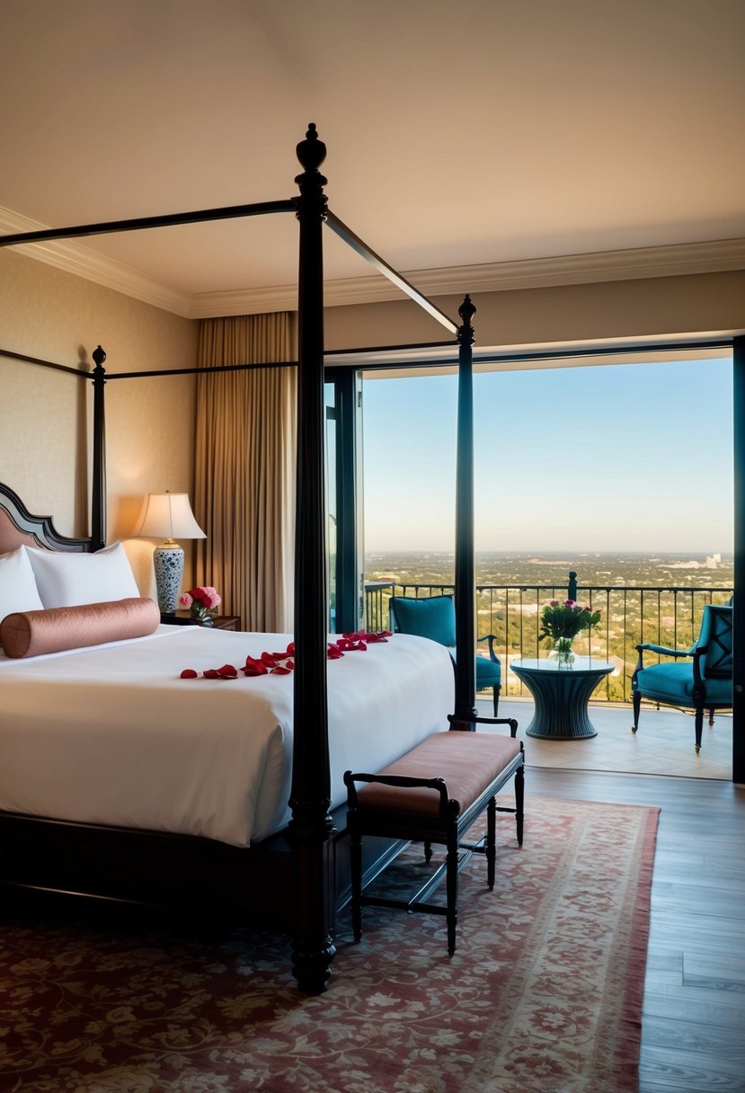 A luxurious honeymoon suite at The Houstonian Hotel, Club & Spa, complete with a four-poster bed, rose petals, and a private balcony overlooking the Texas landscape