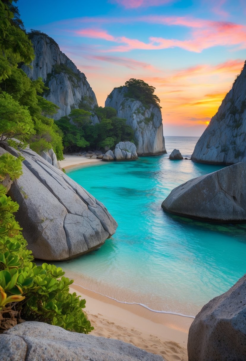 A secluded beach with crystal-clear turquoise waters and lush greenery, framed by towering granite boulders and a vibrant sunset in the background