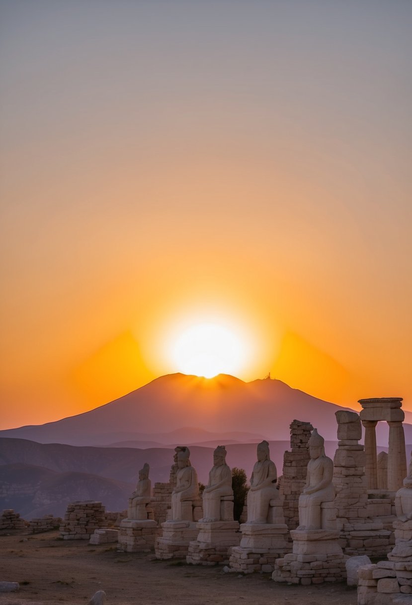 The sun sets behind Mount Nemrut, casting a warm, golden glow over the ancient stone statues and rugged landscape of this romantic honeymoon destination in Turkey