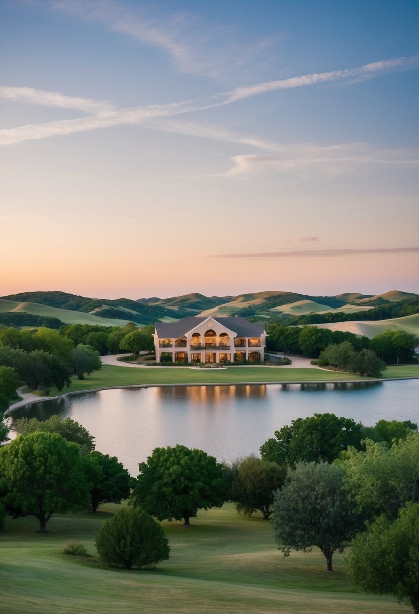 A serene lakeside view with a luxurious resort nestled among lush greenery and rolling hills in Texas