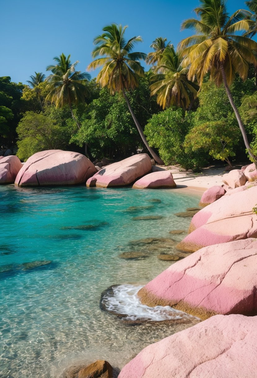 Crystal clear water laps against pink granite boulders on Anse Source d'Argent Beach, surrounded by lush greenery and palm trees