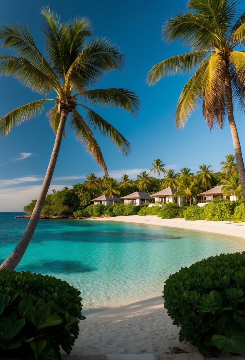 A secluded beach with crystal-clear waters, palm trees, and luxurious villas nestled among lush tropical foliage
