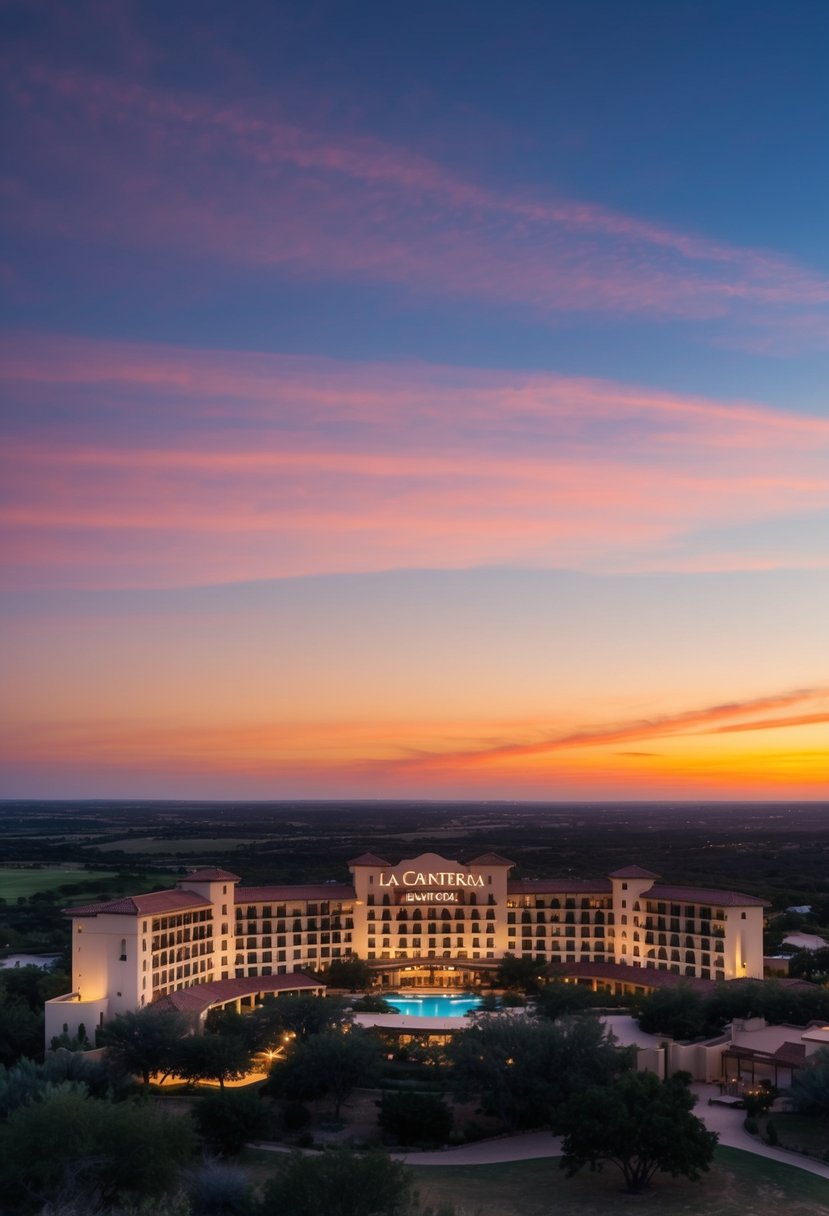 A peaceful sunset over the La Cantera Resort & Spa, with the iconic Texas hill country landscape in the background