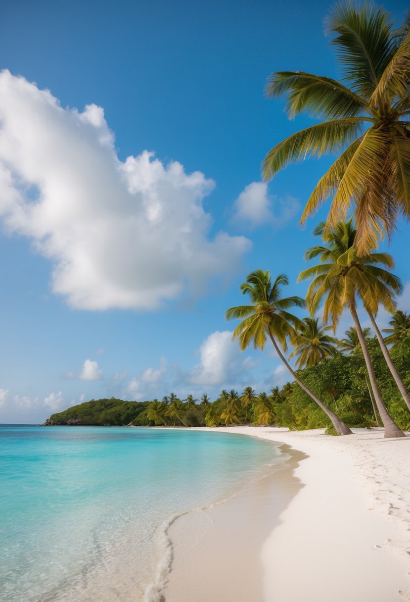 Crystal clear waters lap against the powdery white sand of La Digue Island, while lush green palm trees sway in the gentle breeze
