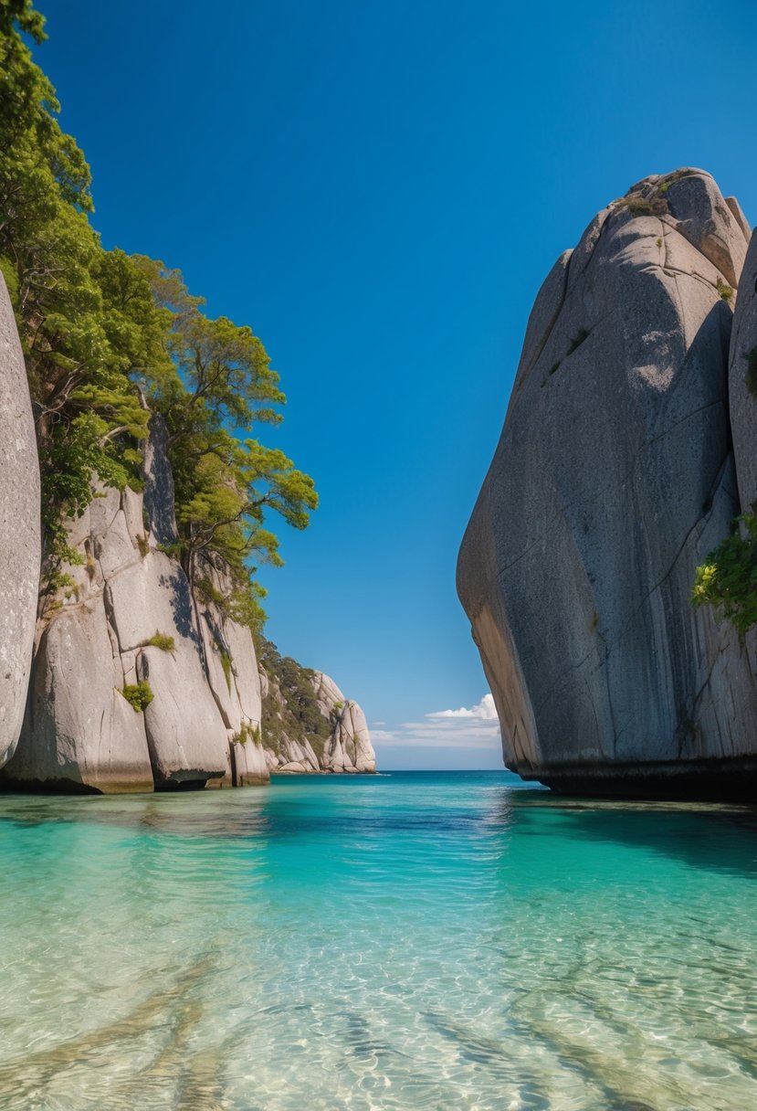 A secluded beach with crystal clear water and lush greenery, surrounded by towering granite boulders under a clear blue sky