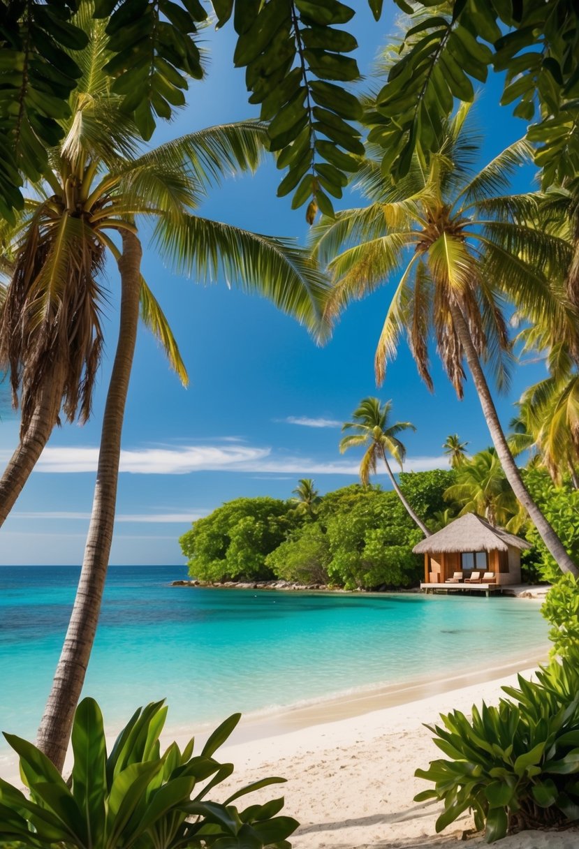A serene beach with crystal clear waters, lush palm trees, and a secluded bungalow nestled among the tropical foliage
