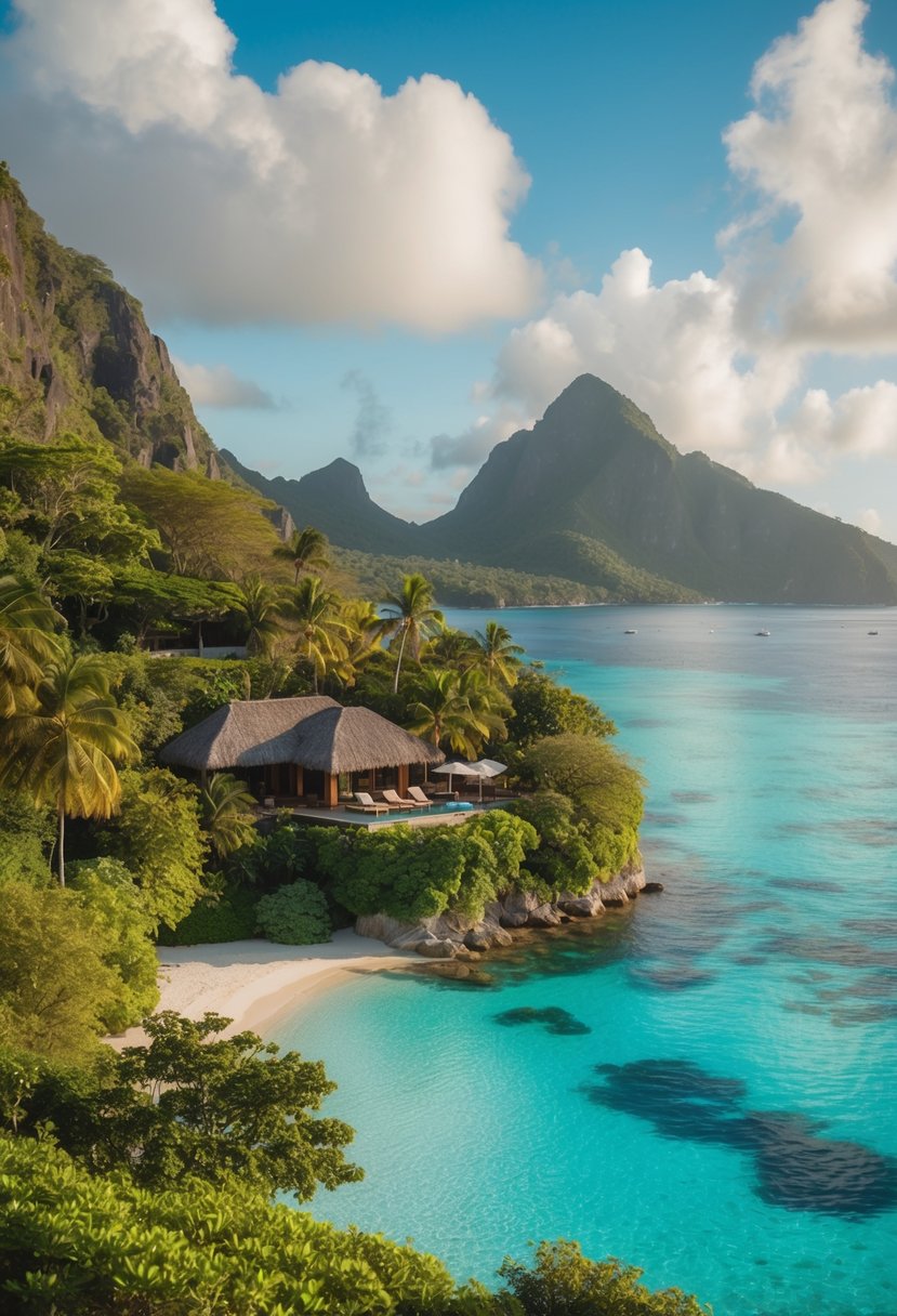 A secluded private resort in Seychelles, surrounded by lush greenery and overlooking crystal clear waters