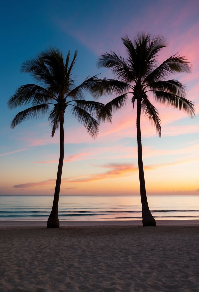A secluded beach at sunset, palm trees silhouetted against the colorful sky, with a crystal-clear ocean stretching out to the horizon