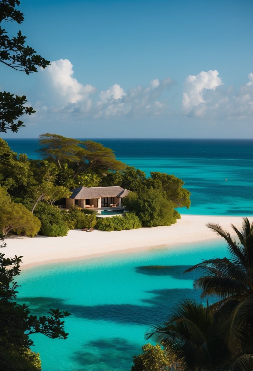 A secluded beach at Frégate Island, with turquoise waters, lush greenery, and a private villa nestled among the trees
