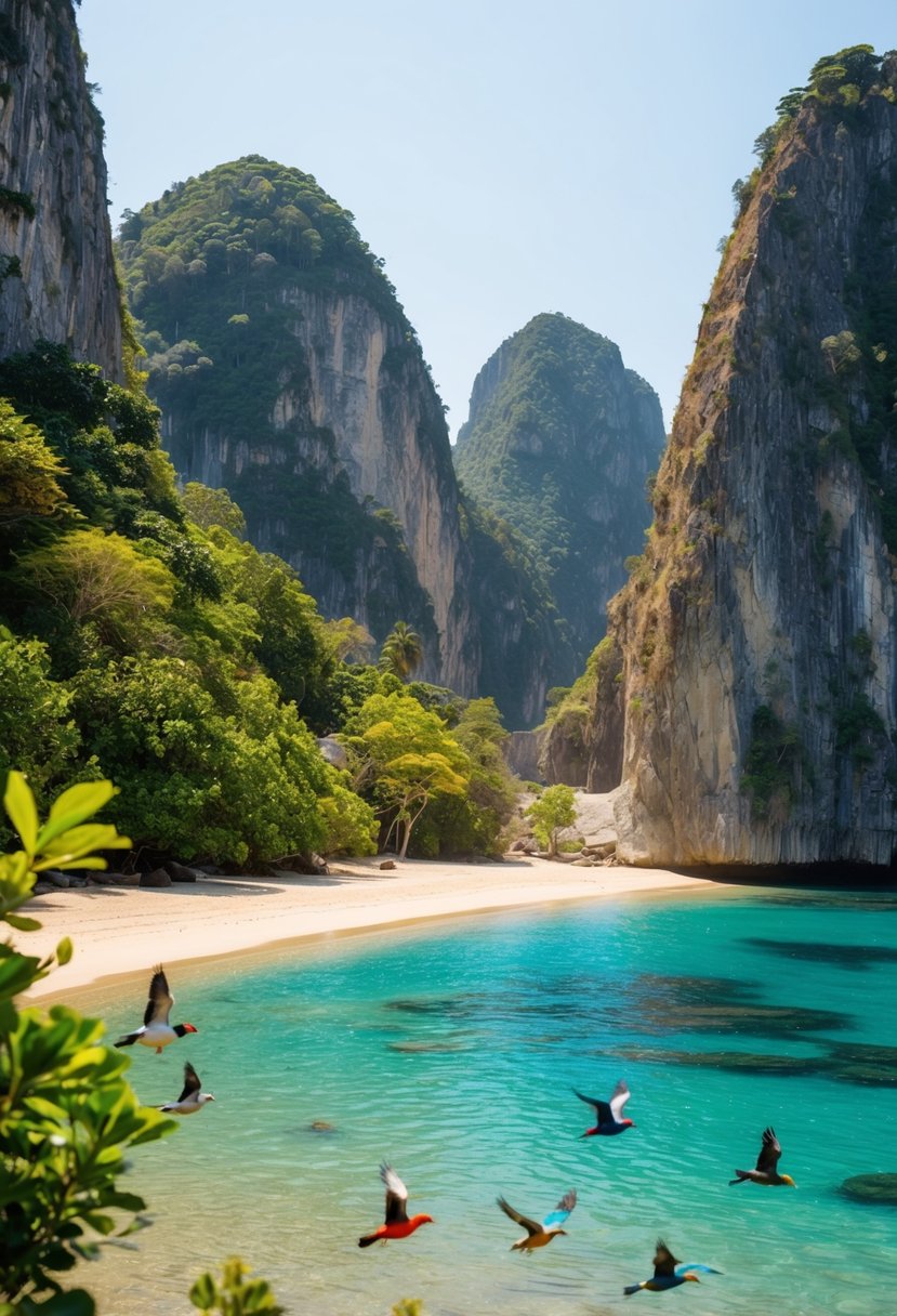 A secluded beach with crystal-clear waters and lush greenery, surrounded by towering cliffs and inhabited by colorful birds